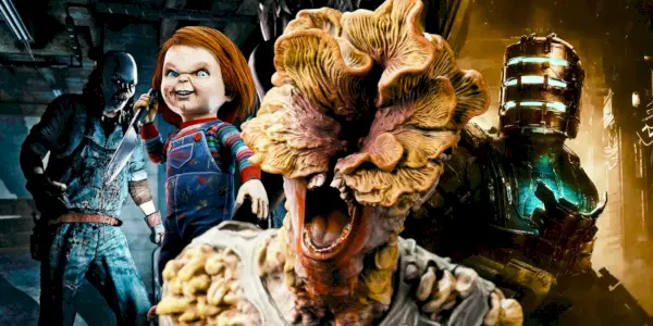 Des personnages de jeux d'horreur dont un Clicker de The Last of Us Part 1, Isaac en casque de Dead Space Remake, Chucky de Dead by Daylight et le clown masqué de Until Dawn.