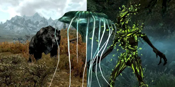 Un gato dientes de sable, un spriggan y un hongo resplandeciente de Skyrim