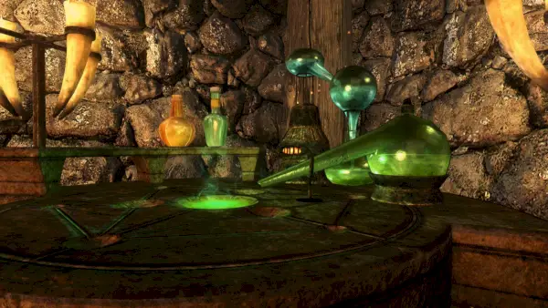 Una mesa de alquimia en Skyrim
