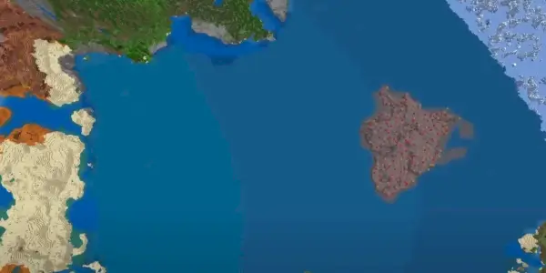 Mondo dei semi di Minecraft Fungal Ocean Island con l'isola Mooshroom in un oceano vicino a molti altri biomi