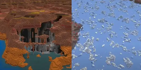 I biomi di Minecraft Badlands e Ice Lake dal seme del mondo Fire and Ice
