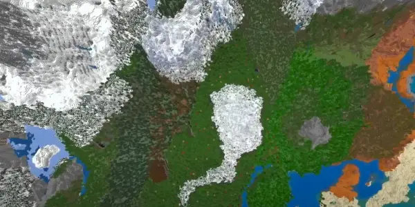 Vista dall'alto verso il basso di Minecraft di diversi ambienti diversi dal seme del mondo Balanced Biome Beauty