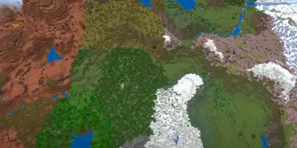 Vista dall'alto verso il basso di Minecraft del seme del mondo di sopravvivenza di Land of Plentiful Paradise