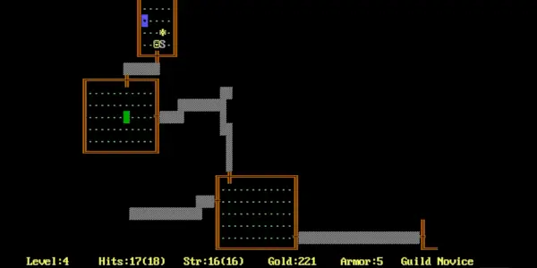 Et overblik over et fangehul i Rogue, videospillet, der var med til at definere den roguelike-genre.