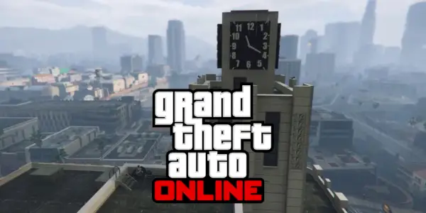 Logo pre GTA Online prekrýva Los Santos a budovu s hodinami navrchu