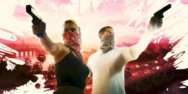 Ženské a mužské protagonistky v GTA 6 držia ručné zbrane s ružovým prostredím podobným Miami v pozadí.