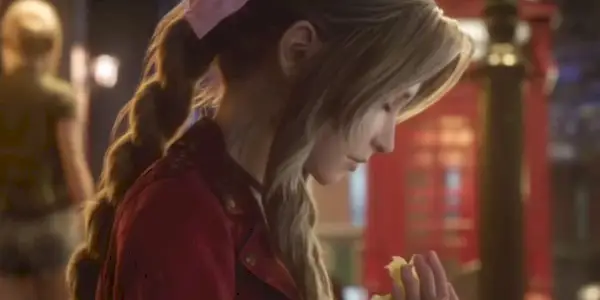 Aerith מ-Final Fantasy 7 Rebirth בפרופיל, עיניים עצומות.