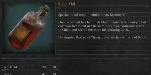Opis inwentarza fiolek z krwią w Bloodborne.
