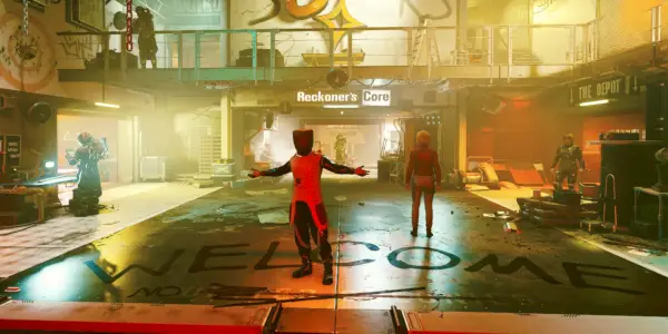 Miembro de la flota Starfield Crimson te da la bienvenida a su escondite después de que tu personaje se infiltra en el grupo para UC SysDef