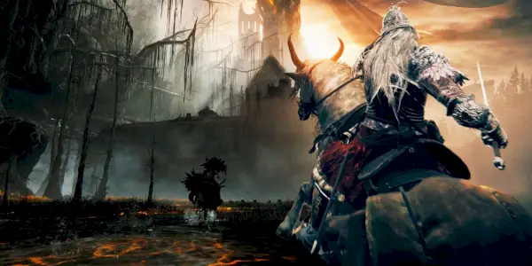 Pântano e um herói cavalgando no DLC Elden Ring Shadow Of The Erdtree.