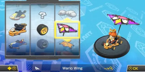 Mario Kart Baby Daisy Rohrrahmen, Standardreifen und Wario-Flügel