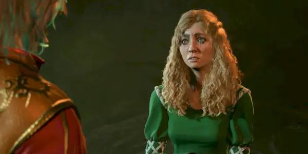 Il protagonista parla con una Mayrina visibilmente macchiata di lacrime a Baldur