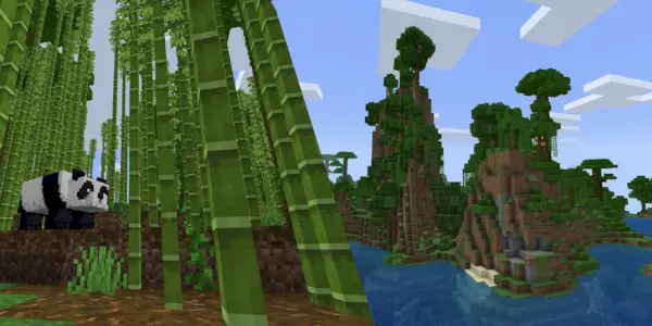 Zwei nebeneinander liegende Aufnahmen von Landschaften in Minecraft. Die linke Seite zeigt einen Bambuswald mit einem Panda und die rechte Seite zeigt eine bergige, bewaldete Insel, umgeben von Wasser.