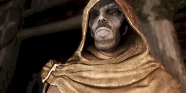 דיוקן של ארנדור בגלימת הקוסמים שלו ב-Skyrim, מביט מטה אל המצלמה בהבעה כועסת.