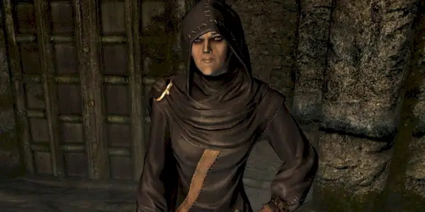 תקריב של הקוסמת איליה מ-Skyrim לובשת ברדס כהה וגלימות.