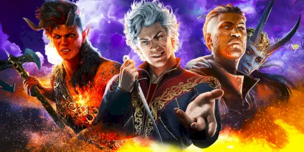 Karlach, Astarion e Wyll da sinistra a destra, su sfondo blu.