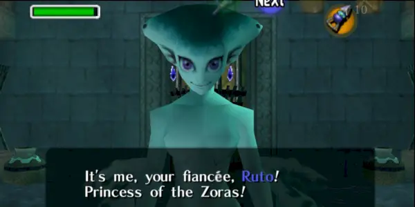 Princesa Ruto conversa com o jogador em The Legend of Zelda Ocarina of Time.