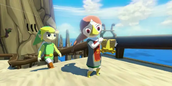 Link e Medli estão na areia com vista para o mar na Ilha Dragon Roost, Meidl segurando uma harpa e Link andando atrás dela