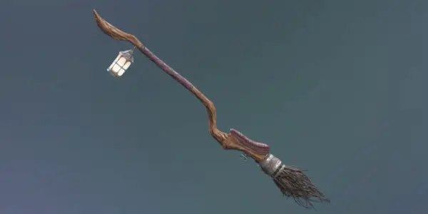 Render of the Wind Wisp fbroom fra Hogwarts Legacy på en grå baggrund.
