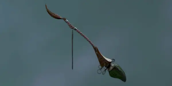 En gengivelse af Sky Scythe Broom i Hogwarts Legacy mod en grå baggrund