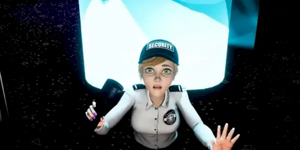 FNAF Security Breach – weiblicher Sicherheitsbeamter streckt die Hände hoch