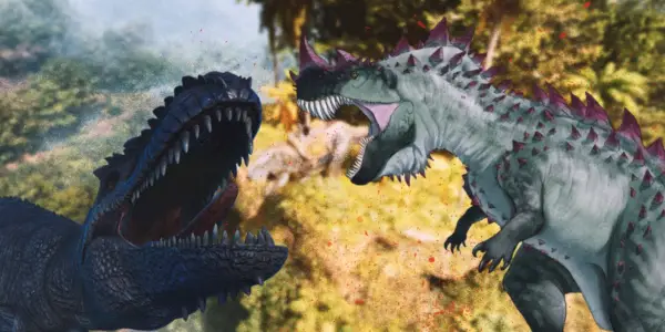 Giganotosaurus a Ceratosaurus z Ark Survival Ascended na sebe řvou s T Rexem v pozadí