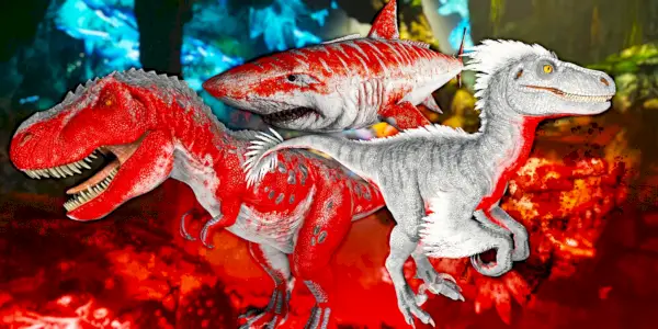 Různí červení alfa dinosauři včetně T-Rexe, Raptora a Megalodona.