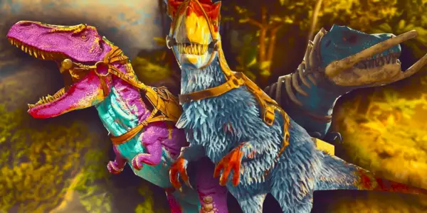 Sbírka různých barevných dinosauřích montáží v Arku.
