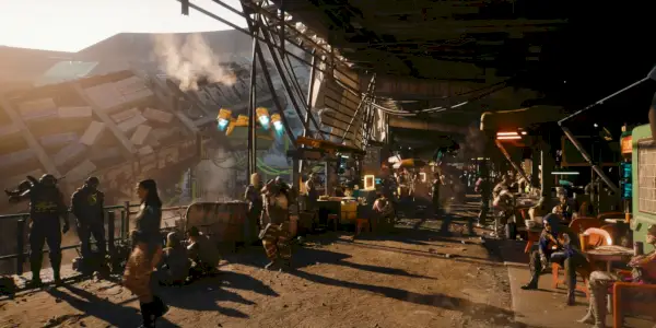Ujęcie ruchliwej ulicy w Dogtown, lokalizacji Cyberpunk 2077