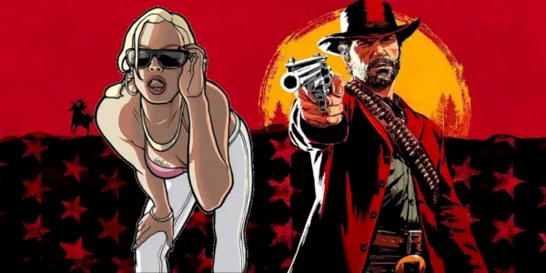 Blondínka skláňajúca sa nad obálkou z GTA na obálke hry RDR2 s Arthurom.
