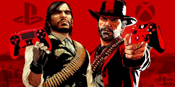John Marston a Arthur Morgan držia ovládače PlayStation a Xbox na červenom západnom pozadí.