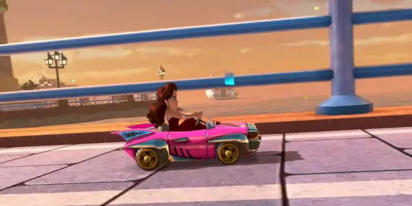 Pauline dirigindo um carro rosa no DLC de Mario Kart 8 Deluxe.