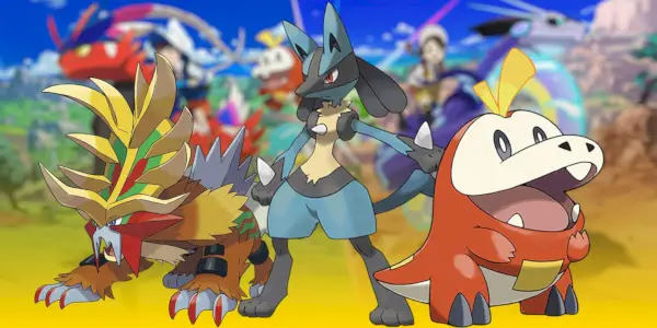 Fuecoco, Lucario e um Paradox Gouging Fire de Pokémon Scarlet & Violet