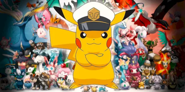 O Capitão Pikachu cruza os braços no meio e é sobreposto a uma foto de grupo de vários Pokémon desfocados no fundo.