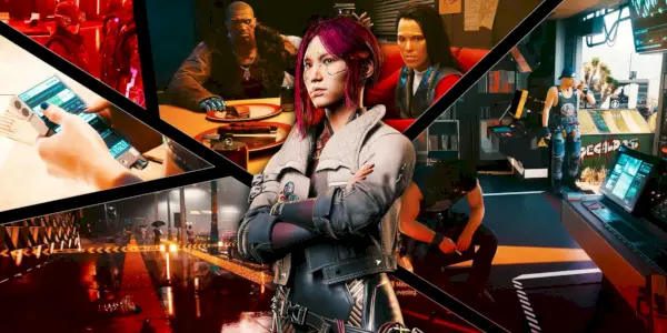 Songbird frente a un collage de imágenes de Cyberpunk 2077