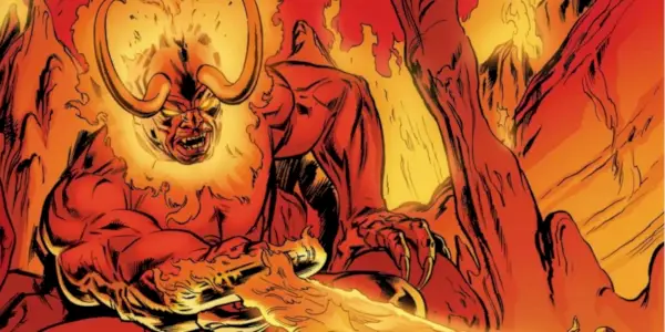 O gigante do fogo com chifres Surtur apontando sua espada crepuscular na Marvel