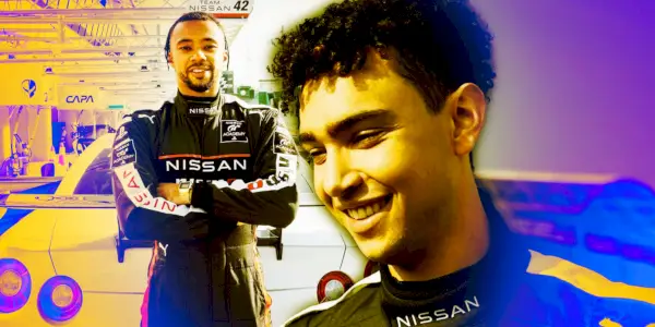 Jann Mardenborough en la vida real y Archie Madekwe como Jann Mardenborough en Gran Turismo.