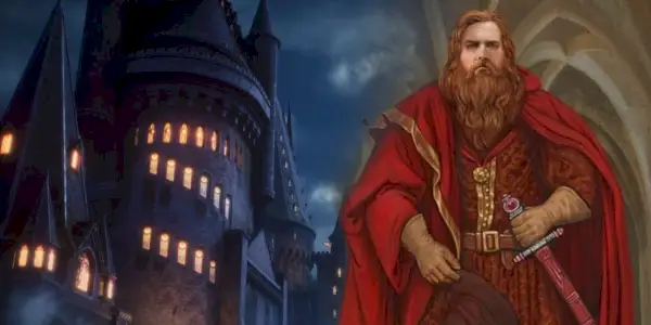 Po lewej stronie wizerunek Hogwartu nocą, po prawej ilustracja przedstawiająca Godryka Gryffindora.