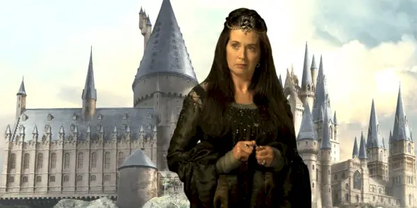 Rowena Ravenclaw stojąca przed obrazem przedstawiającym Hogwart