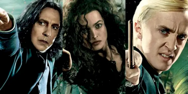 Postacie ze Slytherinu: Severus Snape, Bellatrix Lestrange i Draco Malfoy z filmów o Harrym Potterze