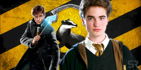 Newt Scamander i Cedric Diggory z filmów o Harrym Potterze nad sztandarem Domu Hufflepuffu w Harrym Potterze