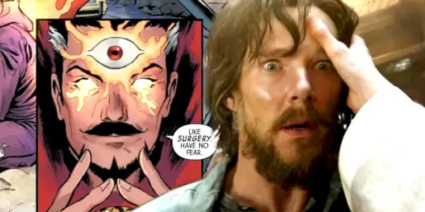Un'immagine combinata mostra Doctor Strange con il suo terzo occhio nei fumetti Marvel e viene incoraggiato ad aprire il suo terzo occhio nel film Doctor Strange del MCU del 2016