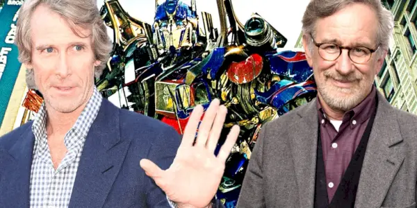 Collage de Michael Bay, Optimus Prime y Steven Spielberg