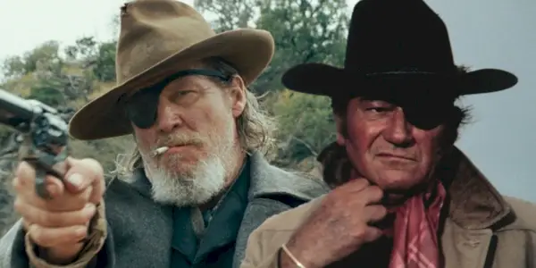 Jeff Bridges a John Wayne jako Rooster Cogburn ve filmu True Grit