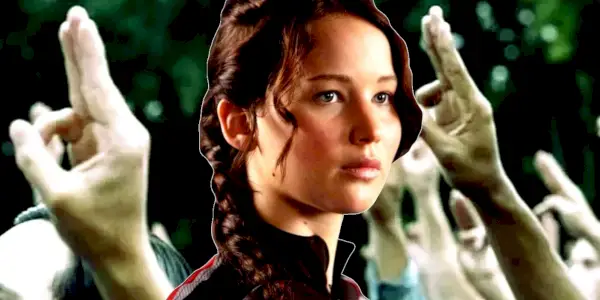 Složený obrázek zachycuje Katniss před rukama salutujícími třemi prsty ve franšíze Hunger Games
