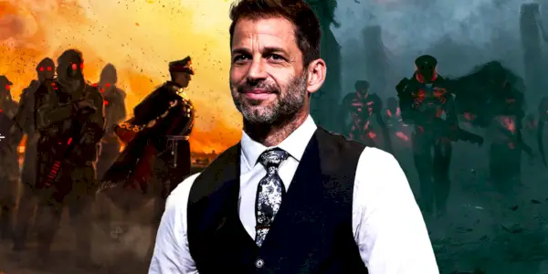 ZackSnyder está entre duas peças de arte conceitual de Rebel Moon.