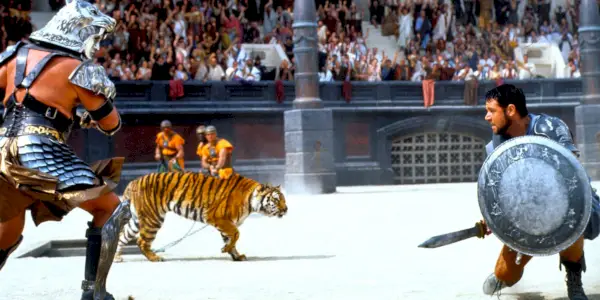 Maximus lutando contra tigres e tigres em Gladiador