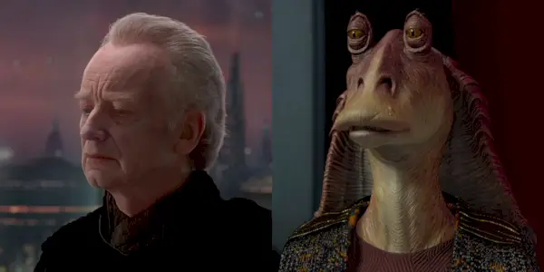 Delt bilde av kansler Palpatine og Jar Jar Binks fra Star Wars