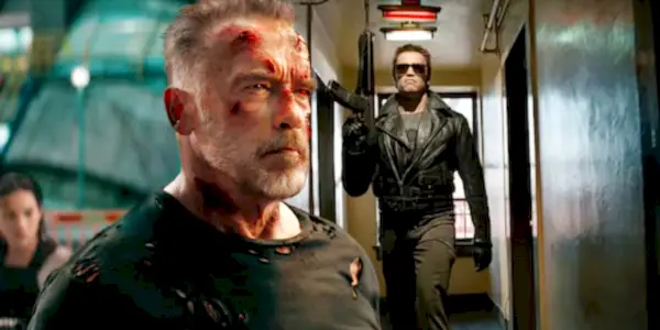 Imagem personalizada de Arnold Schwarzenegger em Terminator: Dark Fate e no Terminator original.