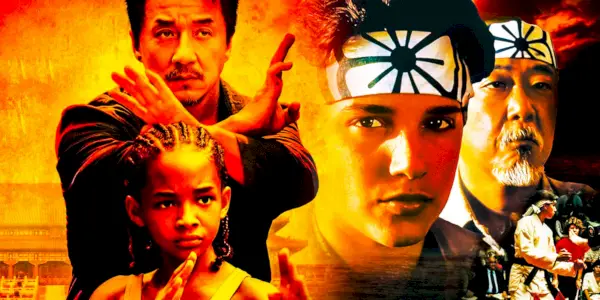 Un'immagine composita di Jackie Chan nei panni di Mr. Han e Jaden Smith nei panni di Dre Parker nel remake di The Karate Kid, con Ralph Macchio nei panni di Daniel LaRusso e Pat Morita nei panni di Mr. Miyagi nell'originale The Karate Kid